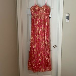 AQUA Strapless Coral & Gold Dress